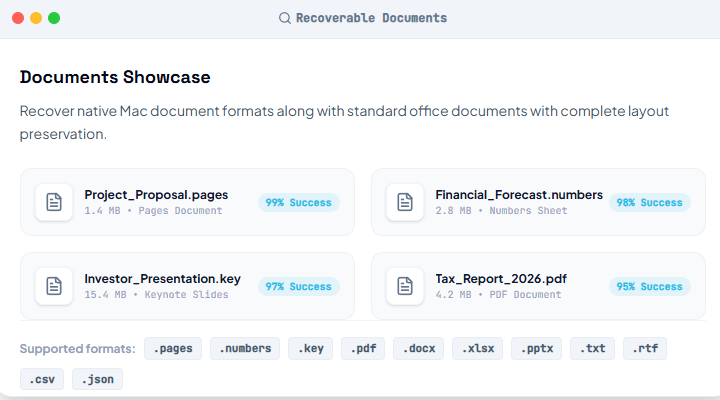 Recoverable Mac documents displayed in a Finder-style window
