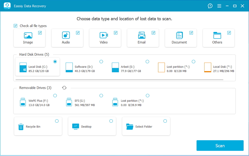 Eassiy data recovery to recover data step 1