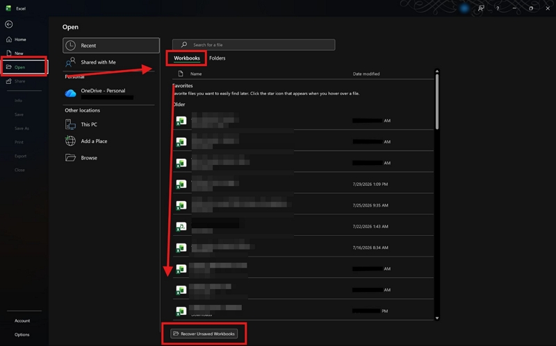 click Recover Unsaved Workbooks