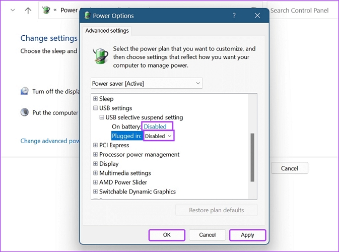 set On battery to Disabled | WD Elements External Hard Drive Not Showing Up