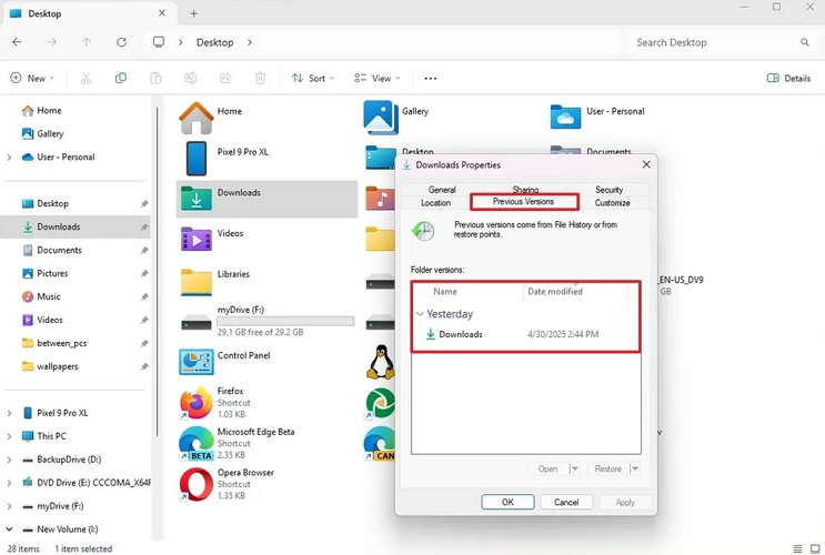 restore previous version